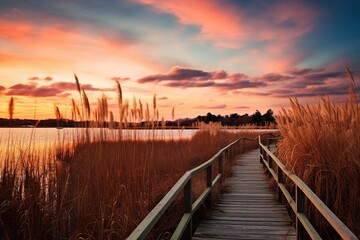 Fototapeta premium Sunset Serenity on the Coastal Marsh Boardwalk: Where Nature and Visitors Unite