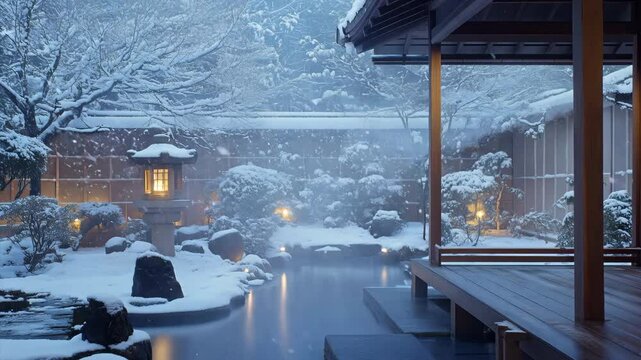 雪に覆われた日本庭園