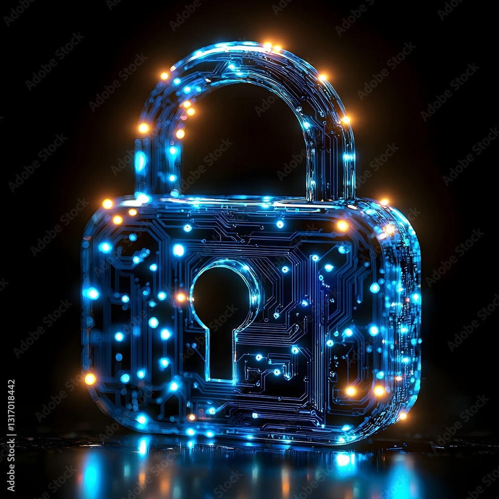 Poster vibrant glowing padlock icon with tech inspired circuit patterns