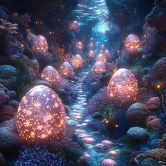 Glowing Eggs in an Underwater Coral Pathway: A Dreamlike Fantasy Landscape