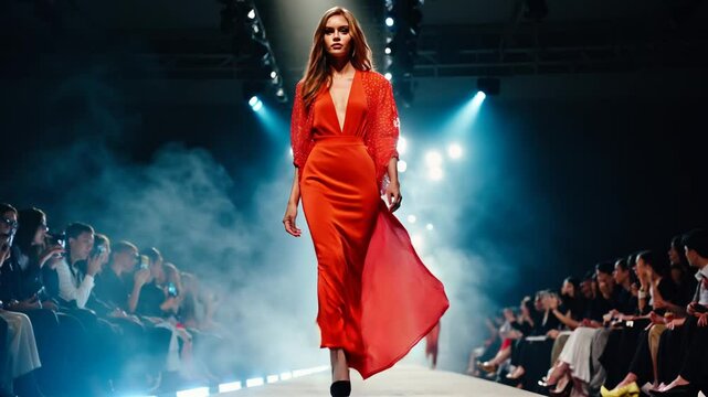 Female model strutting runway in sleek red gown during high-fashion event