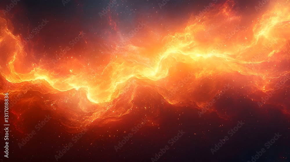 Poster fiery abstract waves of flames blending from orange to deep red in glowing background