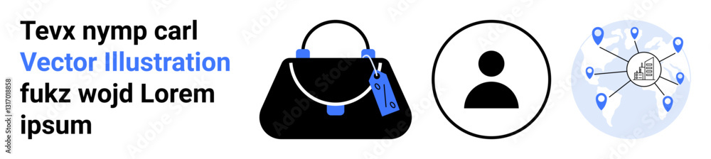 Aufkleber black handbag with tags, person profile icon, and connected location points in circular network map.
