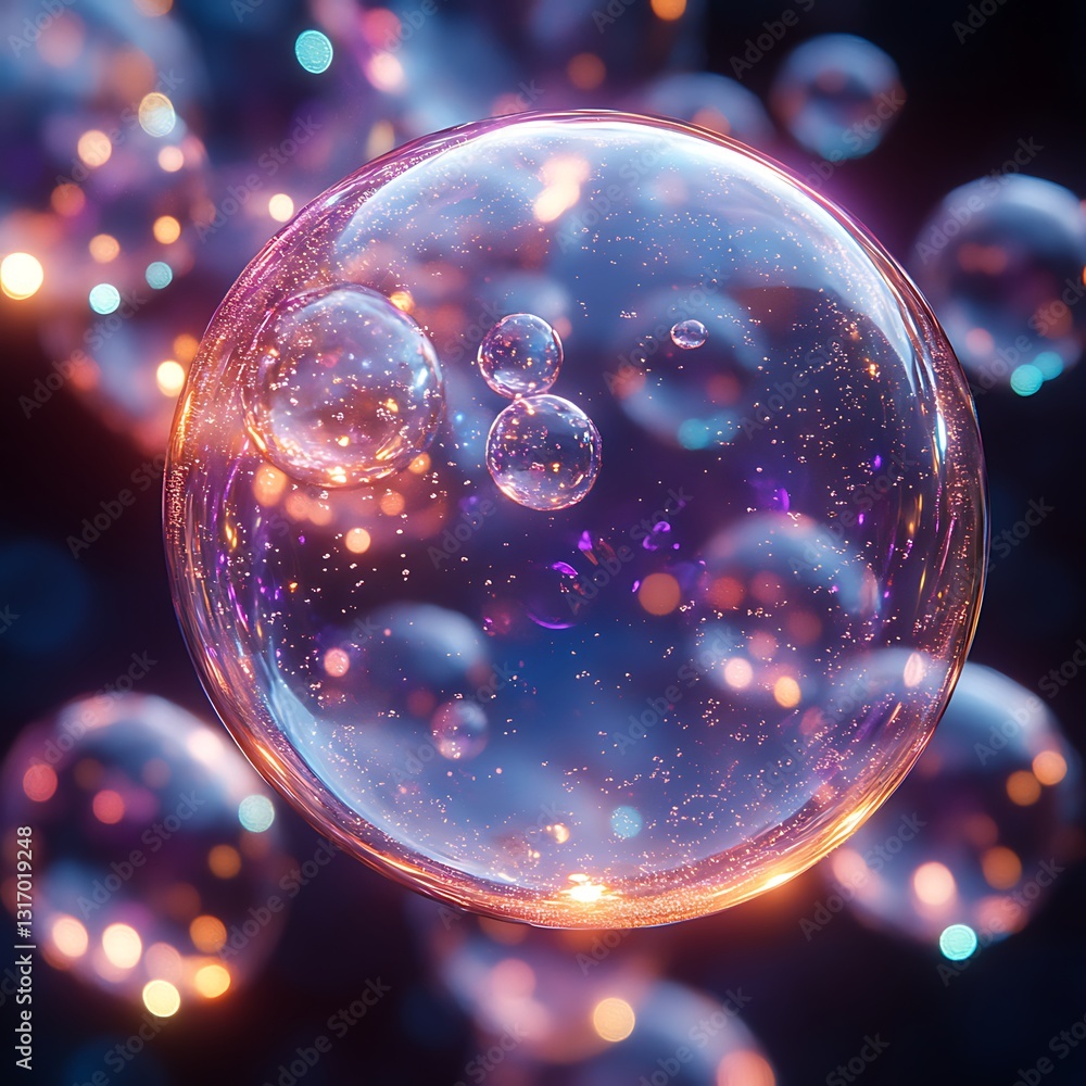 Aufkleber abstract bubbles floating in space with glowing lights and dark background