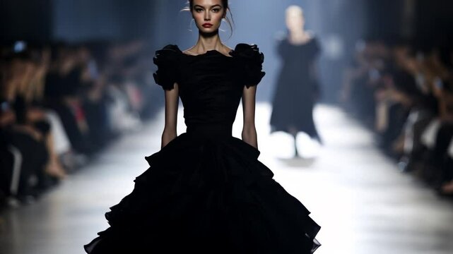 Sophisticated woman strutting confidently in sleek black layered evening gown, showcasing high-end fashion design during exclusive runway event