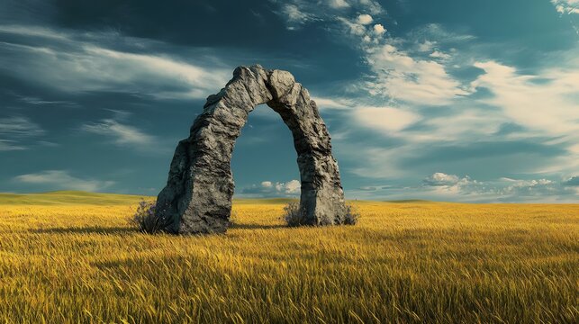 57. **An ancient stone archway standing in the middle of an endless field, pulsating with energy**