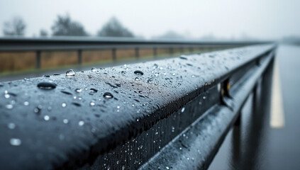 Water droplets collect on the dark guardrail along a highway on a foggy day, with a blurred highway and trees in the background