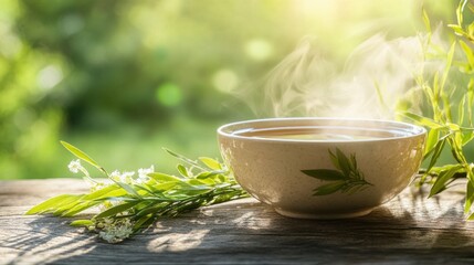 Fresh willow branches with seasonal flowers beside a steaming herbal tea, evoking nature's calm and renewal.