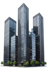 Tall Modern Skyscrapers with Glass Facades and Green Trees in Urban Landscape