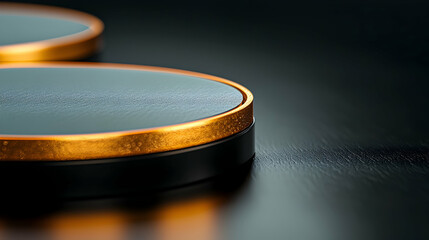 Two circular black platforms with gold rims on a dark surface