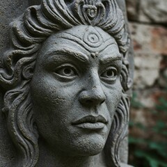 Fototapeta premium Cement Guardian Face Sculpture – Mystical Guardian Face Carving