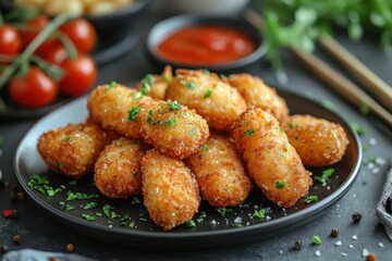 Fototapeta premium Golden fried mozzarella sticks on dark plate with tomato sauce and fresh herbs culinary delight
