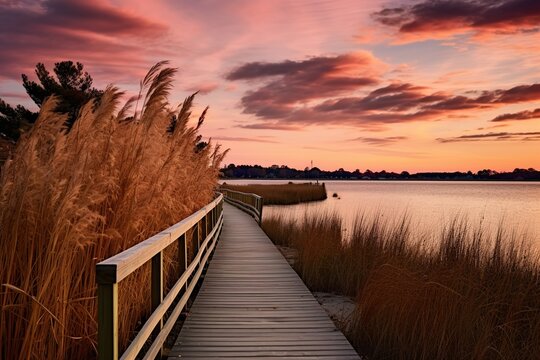 Sunset Serenity on the Coastal Marsh Boardwalk: Where Nature and Visitors Unite