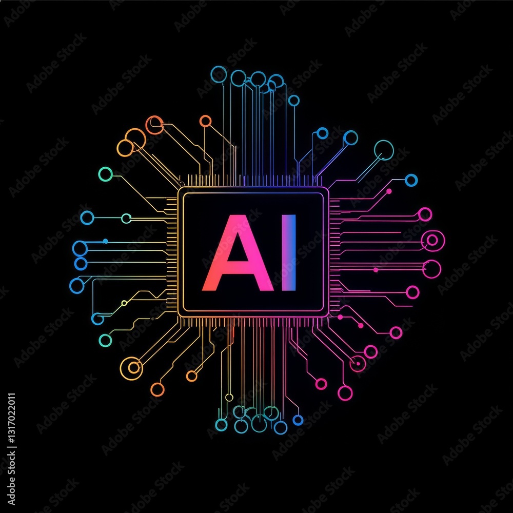 Poster ai chip: rainbow circuit board on black background, symbolizing artificial intelligence and technolo