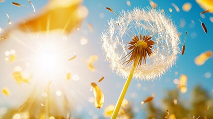 summer music festival concept. Dandelion Seeds Floating in a Bright Blue Sky