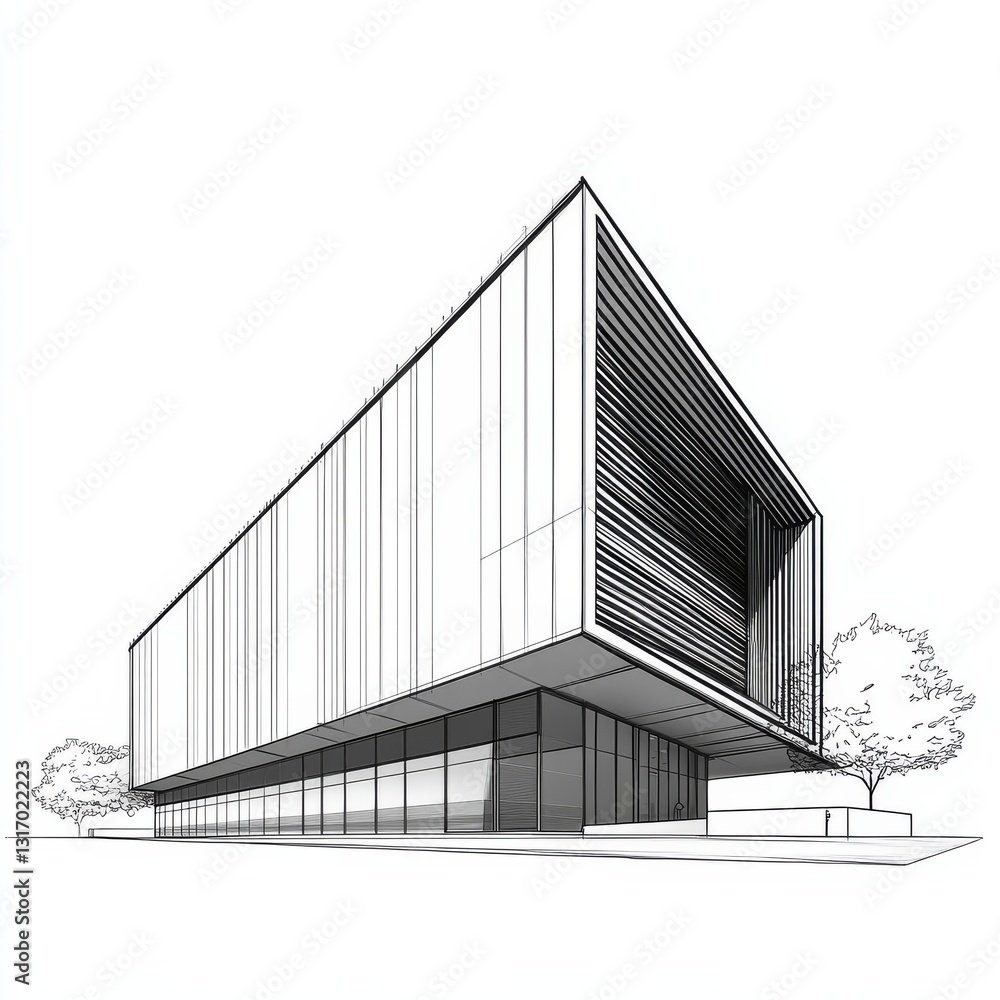 Aufkleber architectural sketch: modern building design with linear details and geometric forms in white and bl