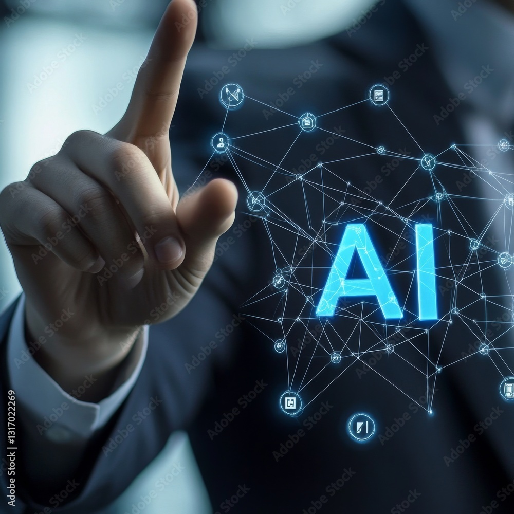 Leinwandbilder Artificial Intelligence Interaction: Businessman Touching a Glowing AI Network Display Screen.