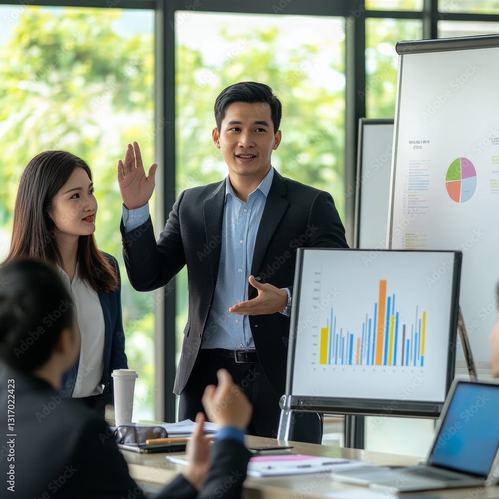 Poster asian professional presenting sales data at a meeting with team members using a graph on screen and 