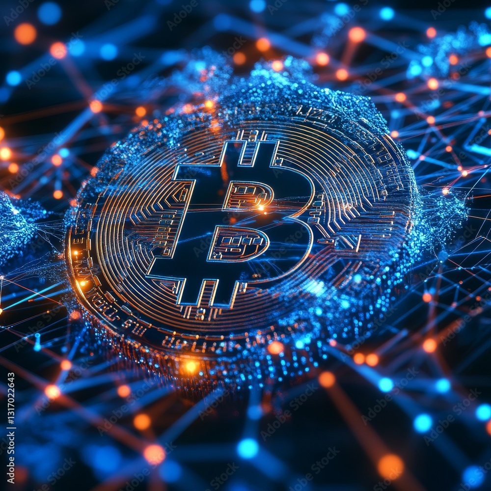 Aufkleber Bitcoin Blockchain: Digital Currency Interconnectedness with Technological Mesh in Blue and Orange Hues