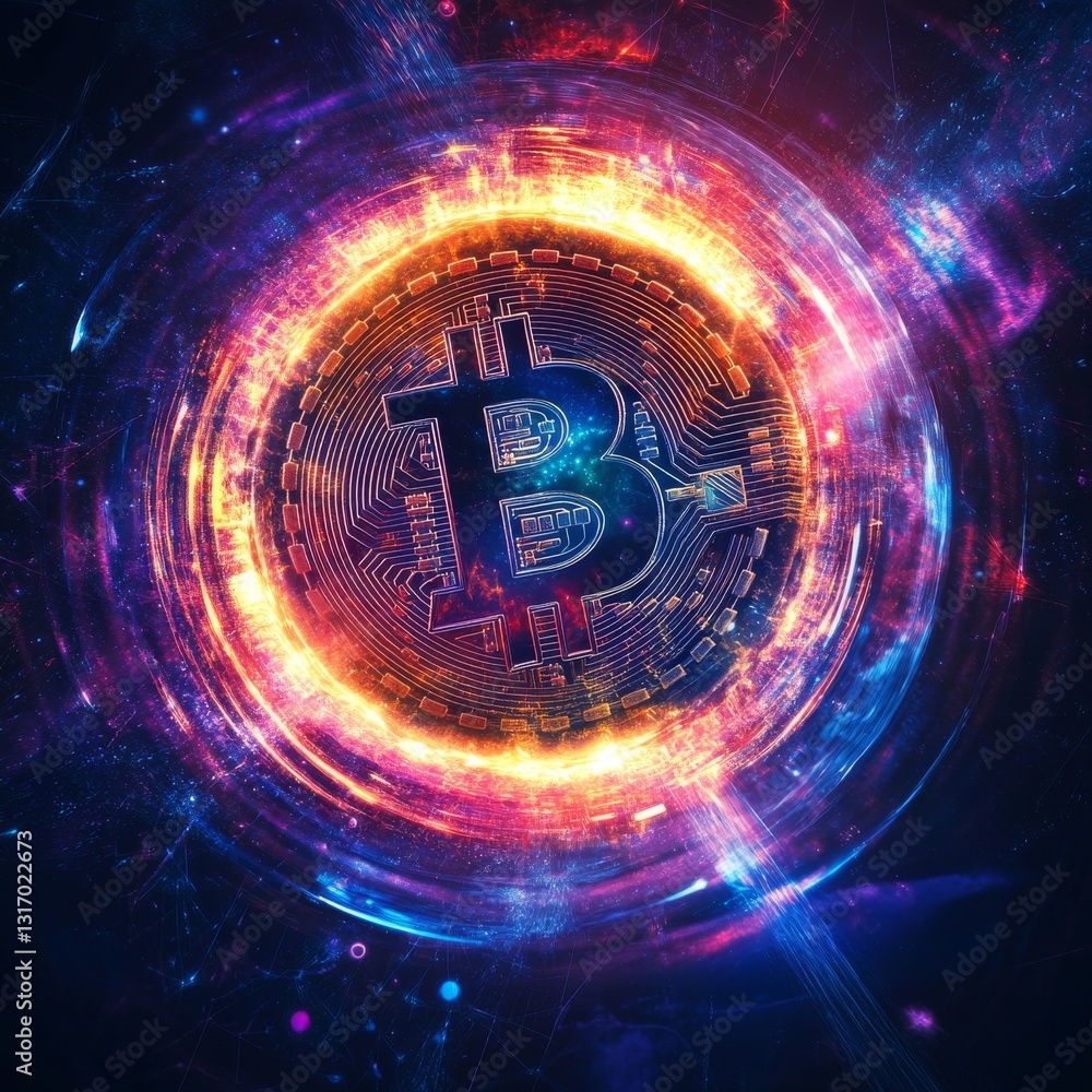 Poster bitcoin's cosmic rise: a symbol of digital finance emerging from a nebula of innovation and technolo