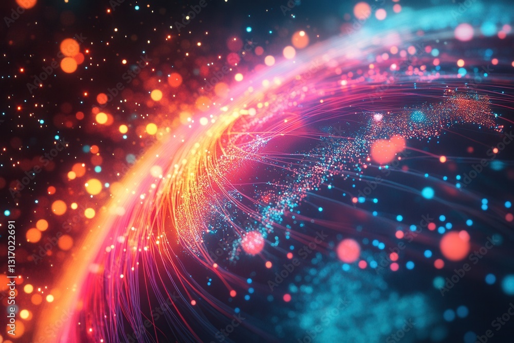 Poster planet earth glowing with data flowing around, showing global communication network