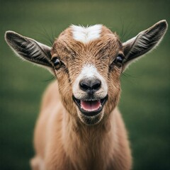 A cute baby goat with a white spot on its face is smiling. The goat has a white spot on its face and is looking at the camera with a happy expression