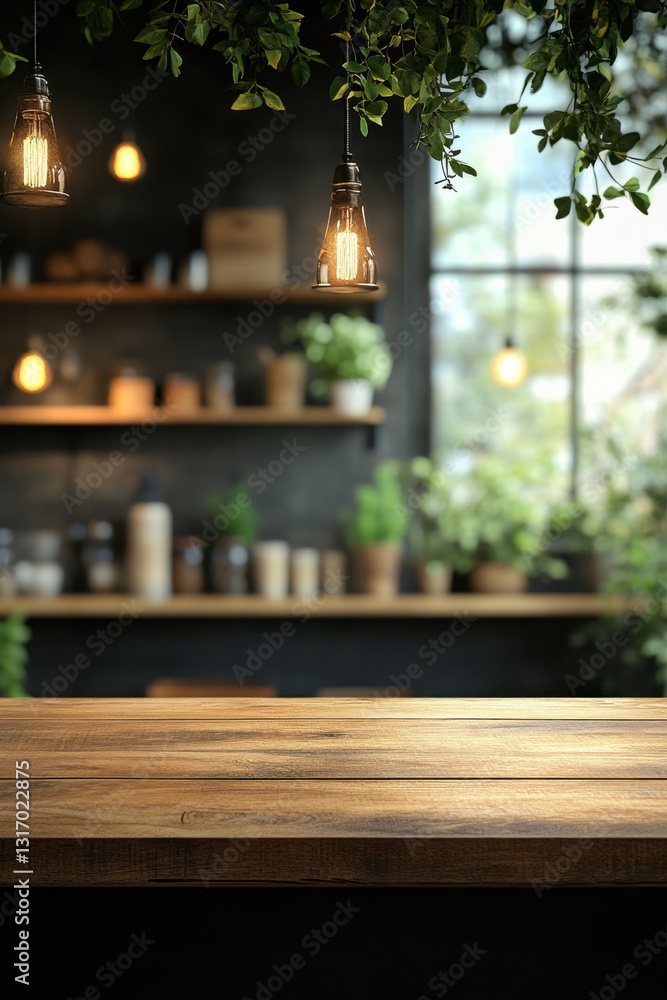 Poster rustic wooden table in cozy cafe setting with hanging lights and greenery creating warm inviting atm