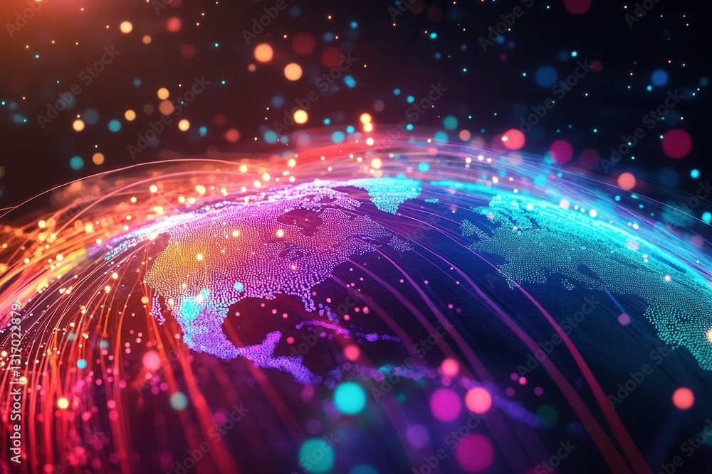Poster planet earth rotating showing data flowing around continents with fiber optic cables and light parti