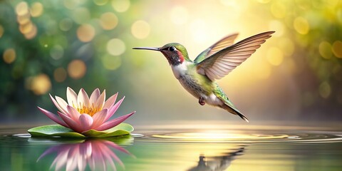 Naklejka premium Nature's jewel-toned display: hummingbirds and flowers near water.