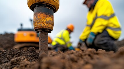 Fototapeta premium Close-Up of Ground Drill in Construction Site with Workers in Background Wearing Safety Gear