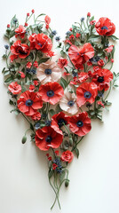 Heart-shaped floral arrangement of red and white poppies with green leaves on a white background