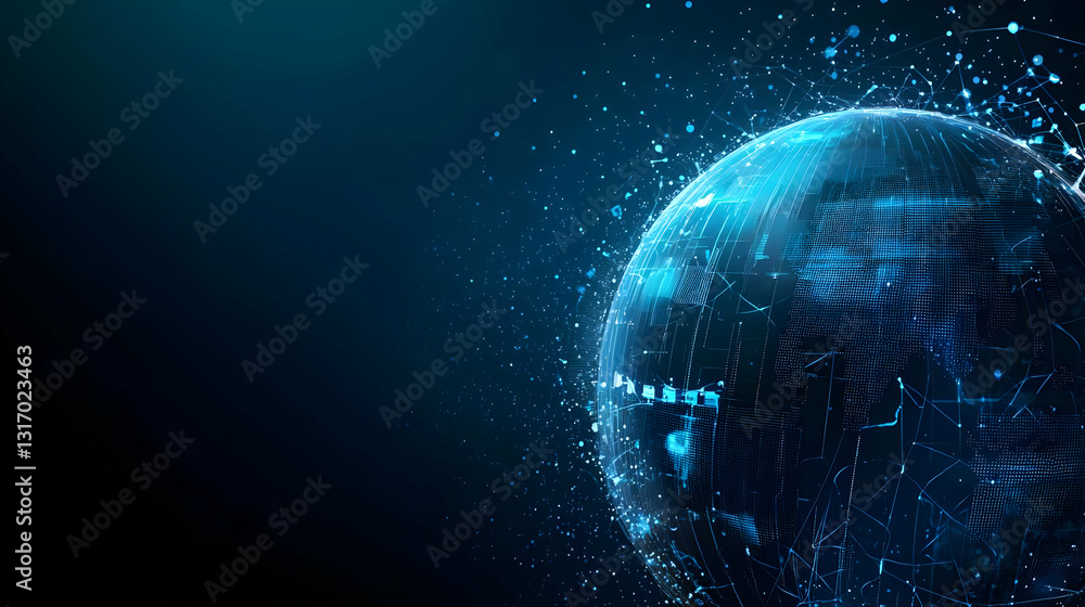Poster digital globe with blue data particles on dark background