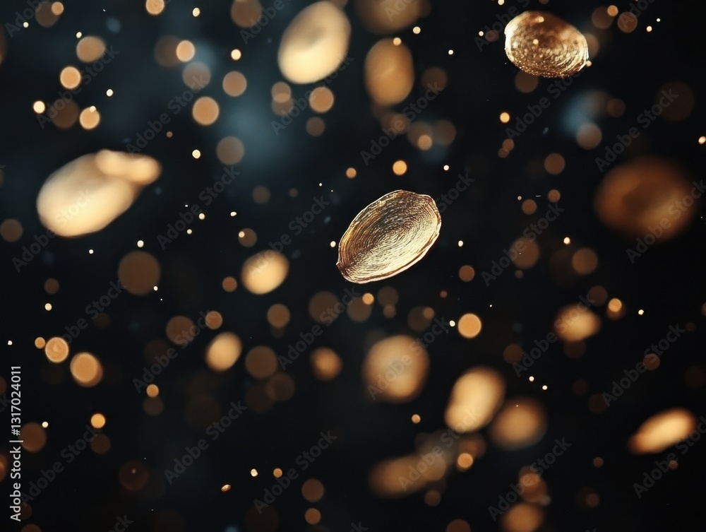 Poster floating golden oval shapes against a dark backdrop with bokeh lights creating a dreamy abstract sce