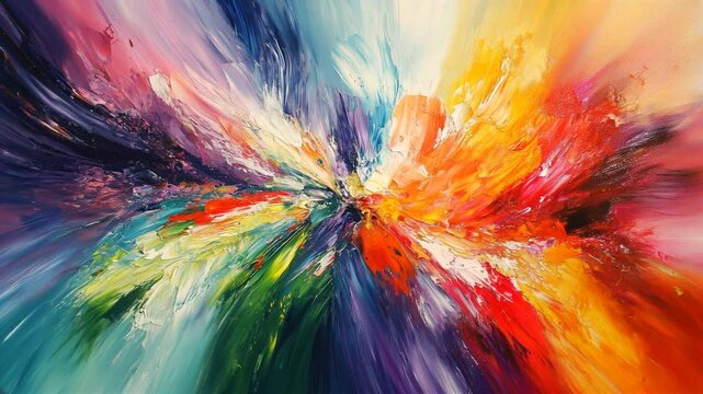 Vibrant impasto oil painting bursting with energetic brushstrokes, revealing abstract floral composition