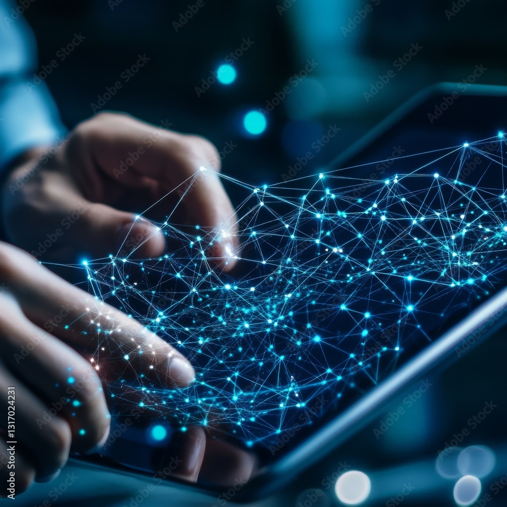 Poster Connected World: Hands Interacting with Digital Network Displayed on Tablet Screen, Highlighting Technology and Connectivity.
