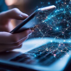 Connecting in the Digital Age: Hand Holding Smartphone with Network Visualization overlayed on the Keyboard 