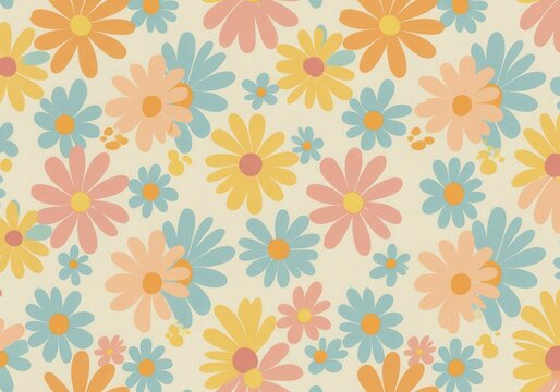 Colorful retro floral pattern, pastel daisies, seamless repeat, vintage textured background, cheerful springtime design, 1960s inspired, soft color palette