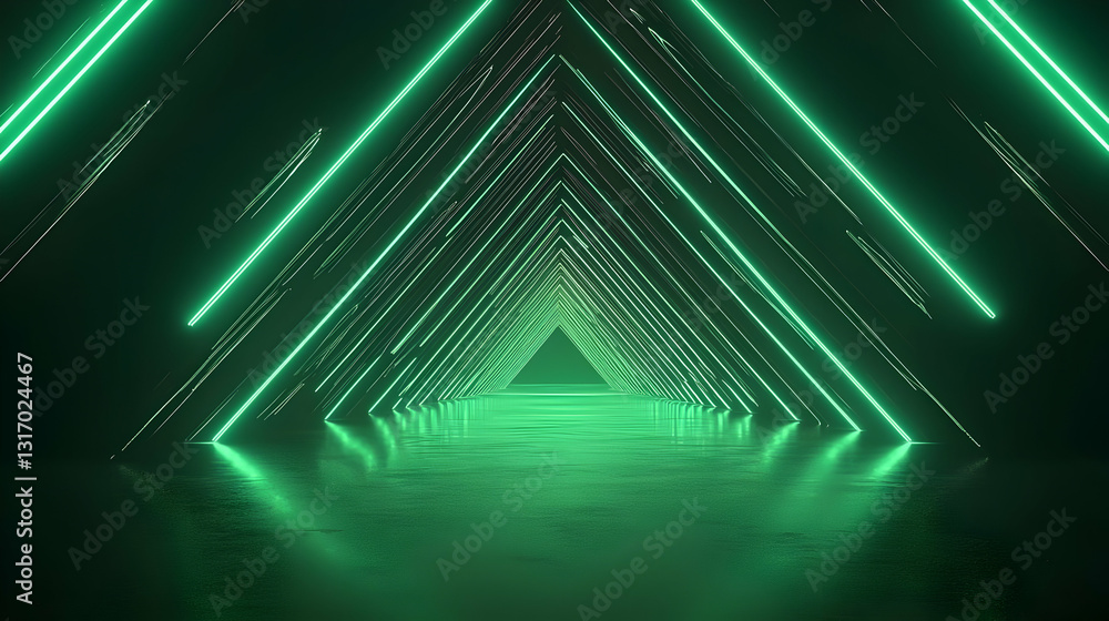 Poster 3d rendered green neon tunnel with triangular arches and glowing particles on floor in dark backgrou