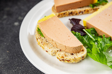 Liver mousse pate duck poultry meat tasty fresh delicious gourmet food background table rustic food top view copy space