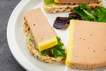 Liver mousse pate duck poultry meat tasty fresh delicious gourmet food background table rustic food top view copy space