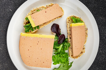 Liver mousse pate duck poultry meat tasty fresh delicious gourmet food background table rustic food top view copy space