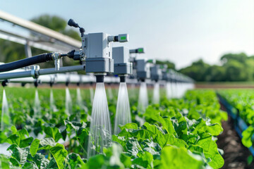 Automatic irrigation system watering green lettuce plants on a sunny day.