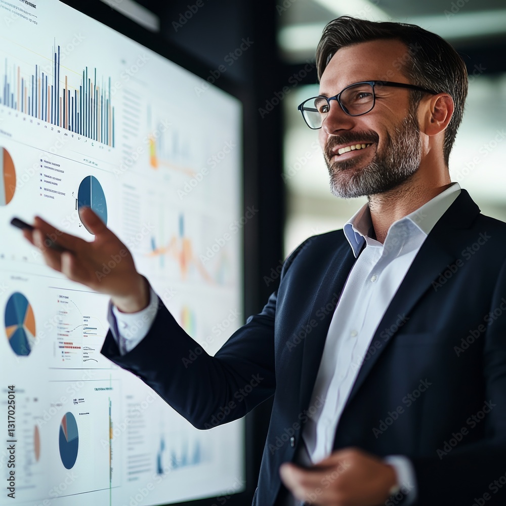 Poster data driven decisions: confident businessman presenting financial charts and graphs on a large displ