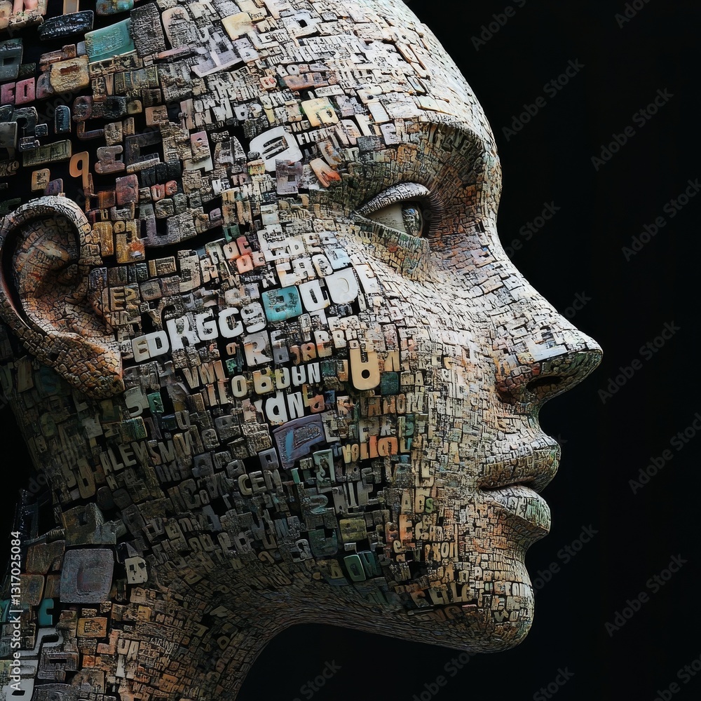 Poster deconstructed identity: a portrait of typography and texture, revealing the fragmented nature of sel