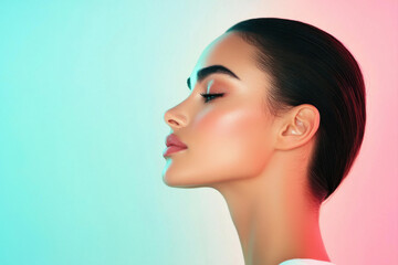 Beautiful profile portrait of a woman with glowing skin against a colorful background.