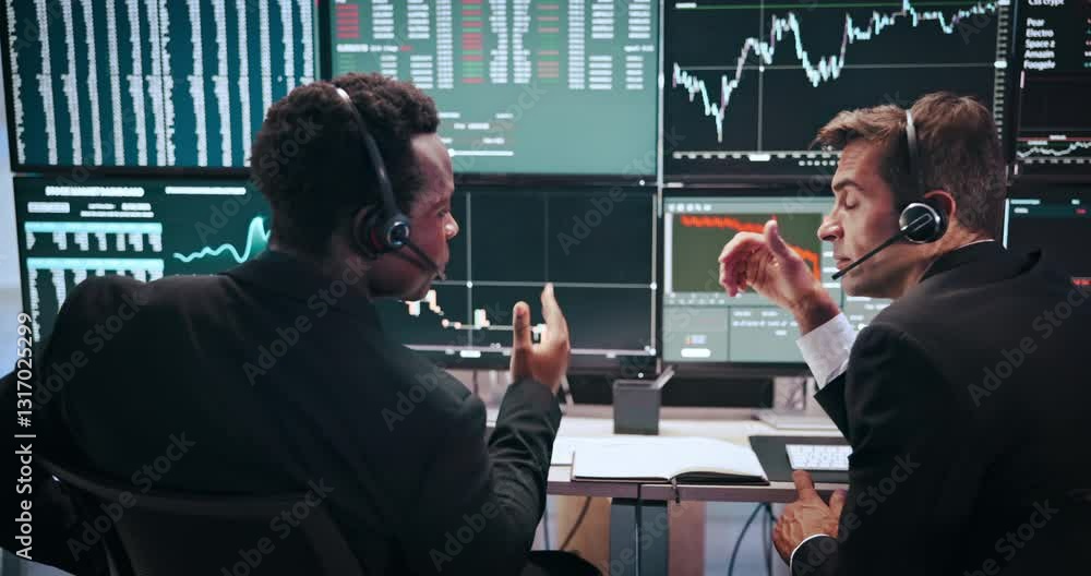 Poster Men, graphs and computer screen for trading, analysis and headset with stats, talking and problem solving. People, partner and monitor with charts, stock market and discussion at investment agency