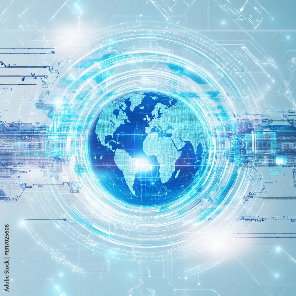 Fototapete Digital Earth: Global Technology Network Connectivity and Data Flow Visualization in a Light Blue Futuristic Design