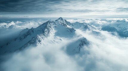 untouched snowy peaks aerial view, a vast frozen expanse with rugged summits breaking through the clouds, nature raw and unforgiving beauty