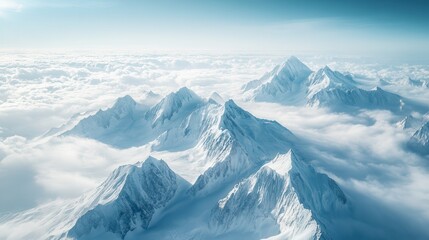 Fototapeta premium untouched snowy peaks aerial view, a vast frozen expanse with rugged summits breaking through the clouds, nature raw and unforgiving beauty