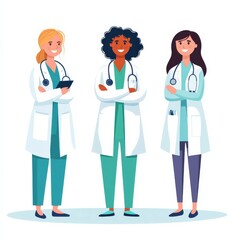 Fototapeta premium Diverse Team of Female Doctors Standing Confidently with Stethoscopes and Lab Coats Ready to Provide Expert Medical Care 